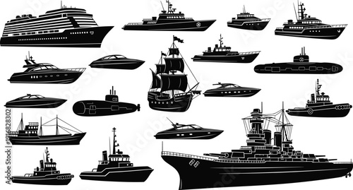 Ship and boat silhouettes collection, yacht cruise liner submarine and naval vessel vector set, maritime transport illustration for ocean travel, navy history, and design