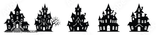 Collection of Happy Halloween haunted mansion silhouette icon set. Vector illustration on white background.