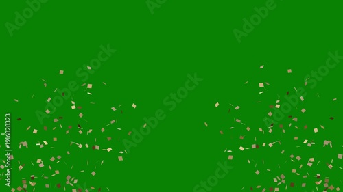 Double burst colorful confetti explosion with golden metallic glitter foil falling in slow motion on a green screen background, realistic 2D alpha channel matte, perfect for festive party compositing