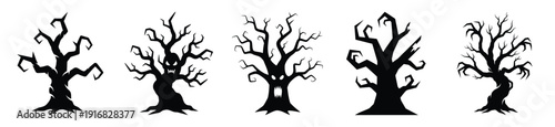 Collection of Happy Halloween haunted tree silhouette icon set. Vector illustration on white background.