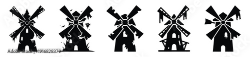 Collection of Happy Halloween haunted windmill silhouette icon set. Vector illustration on white background.