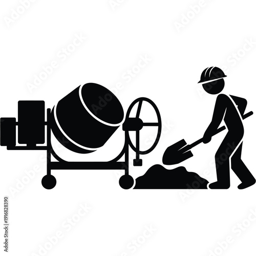 Industrial construction site icon featuring professional worker operating cement mixer with shovel on transparent background vector