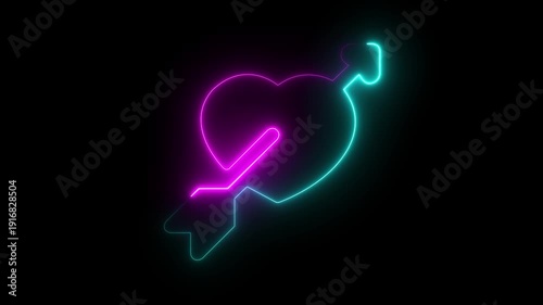 Neon Pink Heart with Arrow Symbol on Black Background for Love Romance and Valentine's Day Concepts. motion graphics of concept. animation. 4k video