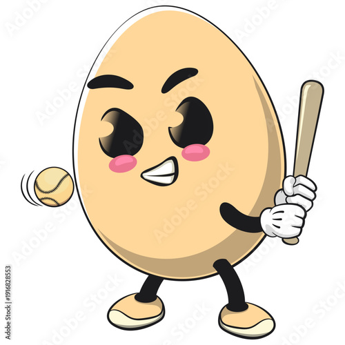 cute egg mascot character playing baseball ready to hit the ball with the bat, isolated vector illustration, work of hand drawn
