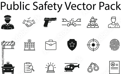 Public Safety Vector Icon Pack – Police, Security, Law Enforcement, Emergency Services, Crime Prevention, Protection Symbols, Line Art Icons Collection