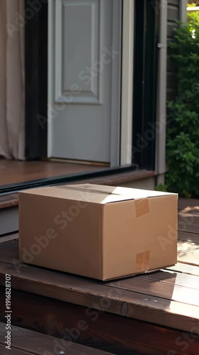 Courier leaving parcel box on home front porch, Shipping Logistic Delivery, Residential Mail Service, Postal Freight Shipment