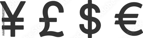 Global Currency Symbols Illustration Featuring Yen, Pound, Dollar and Euro Signs – International Finance, Forex Exchange and World Economy Concept Graphic