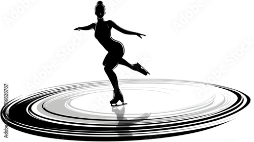 Silhouetted figure skater, gracefully gliding on an icy surface with dynamic swirling effect