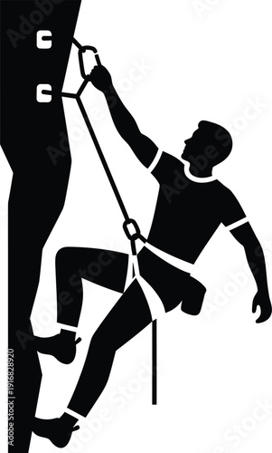 Silhouette Person climbing rope using handholds on vertical climbing wall