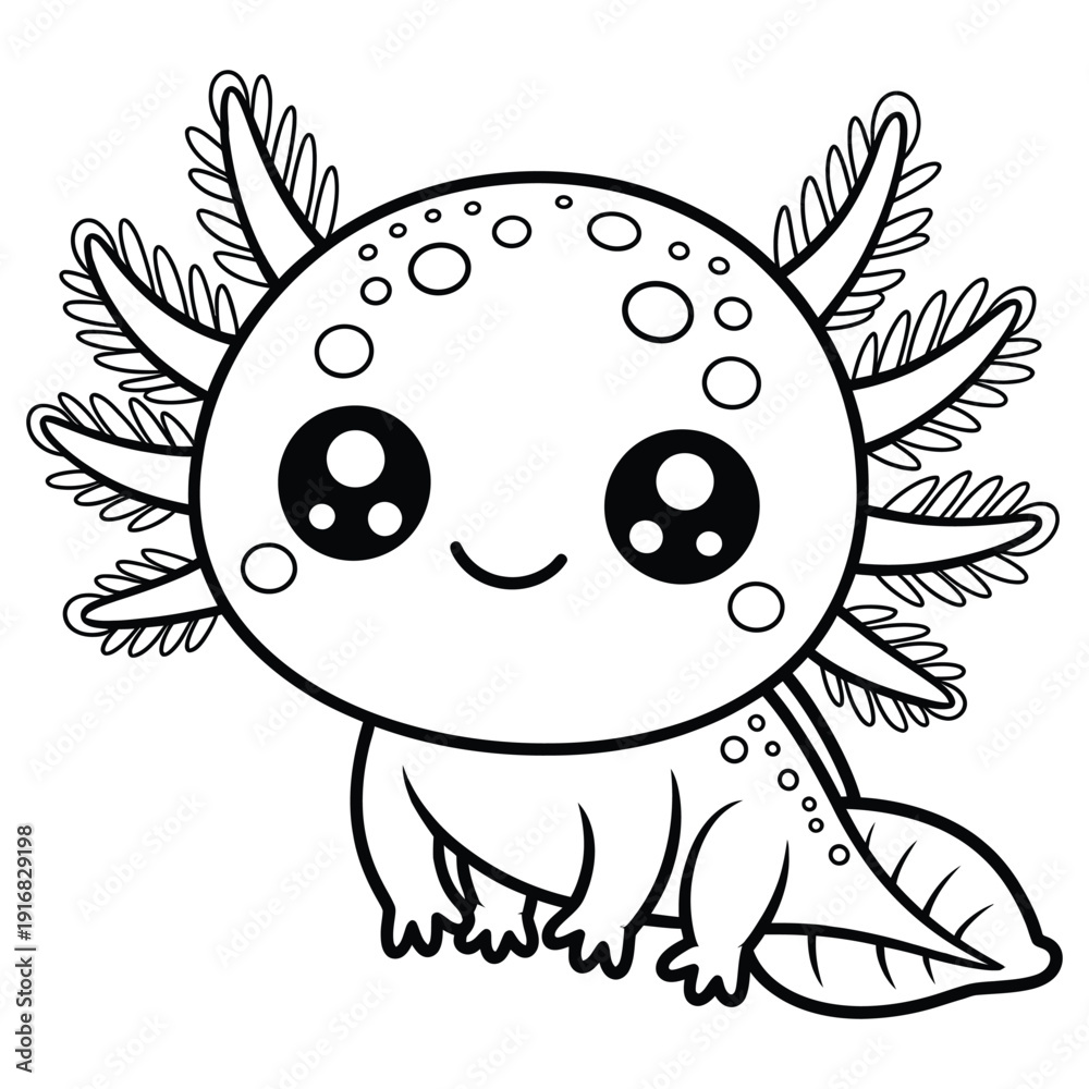 Obraz premium Cute axolotl cartoon line art drawing with big eyes and fluffy gills a smiling amphibian pet creature illustration for kids