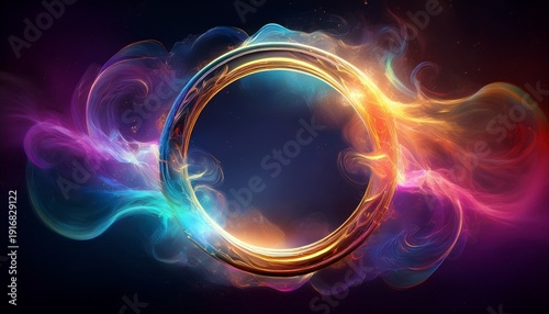 abstract swirling smoke and a glowing ring creating a mysterious ambiance the ring s edge is multi colored and shimmers with various streams of smoke