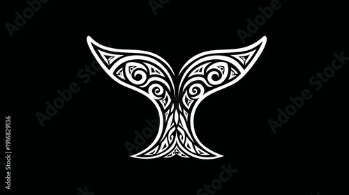 A white whale tail design with tribal patterns against a black backdrop, elegant, simple