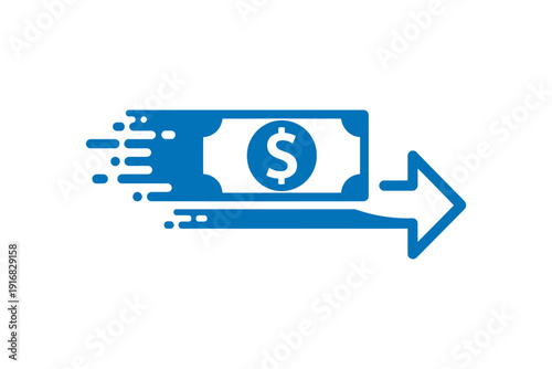 Blue dollar bill with dollar sign moving fast with speed lines and arrow indicating quick payment financial transaction cash flow