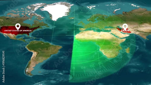 World Map United States vs Iran Featuring Radar Scanner