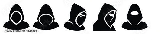 Collection of Happy Halloween mysterious hooded figure silhouette icon set. Vector illustration on white background.