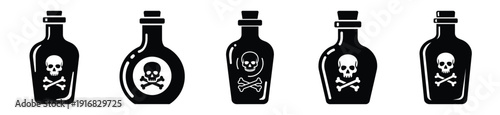Collection of Happy Halloween poison bottle silhouette icon set. Vector illustration on white background.