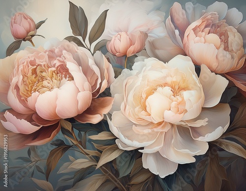 a delicate floral painting of peonies in muted tones