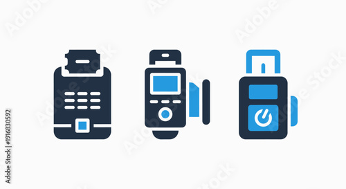 Set of modern icons representing electronic devices: a POS terminal, a camera with screen, and a power bank.