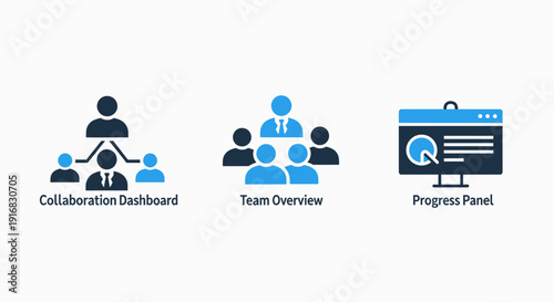 Icons illustrating a collaboration dashboard, team overview, and progress panel, representing project management, teamwork, and performance tracking.