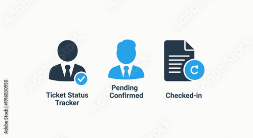 Icons Representing Ticket Status Tracking, Pending Confirmation, and Checked-in Status in a Service System