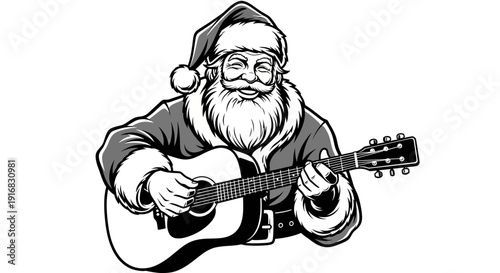 Santa Claus playing an acoustic guitar in a festive holiday illustration.