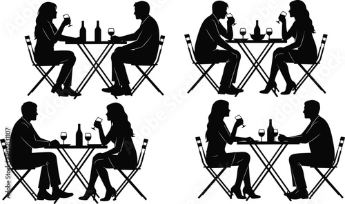 Black silhouettes of couples dining at restaurant tables vector set, romantic date night icons, people drinking wine isolated on white.