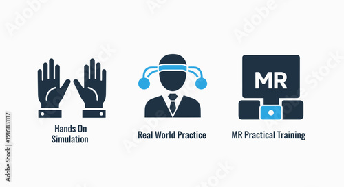 Vector icons for hands-on simulation, real-world practice, and MR (Mixed Reality) practical training, depicting modern learning and development methods.