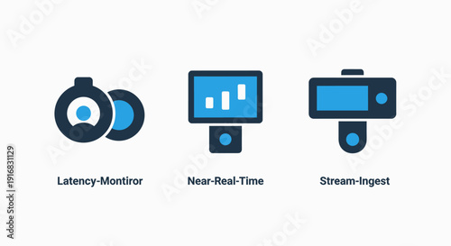 Vector icons depicting latency monitoring, near real-time data processing, and stream ingestion for analytics, performance, and operational intelligence systems.