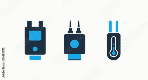 Abstract scientific icons: electronic device, sensor connection, and thermometer, flat design, blue and dark blue on white background.