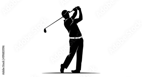 Black Silhouette of Male Golfer Finishing a Full Swing on White Background - generated AI.