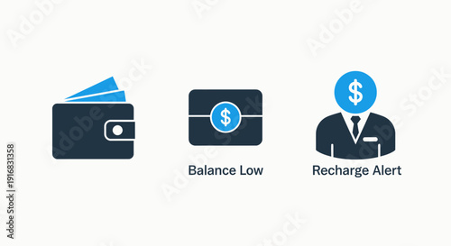 Wallet, Balance Low, and Recharge Alert Icons: Illustrating Finance, Budgeting, and Financial Notifications