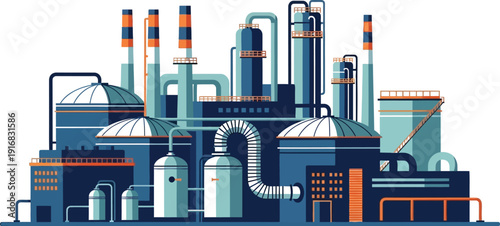 Detailed illustration of a sprawling chemical or petrochemical processing plant with multiple tall stacks and connected industrial tanks.