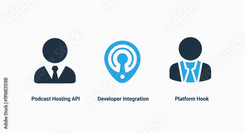 Podcast hosting API, developer integration, and platform hook icons symbolizing connectivity, software development, and digital broadcasting.