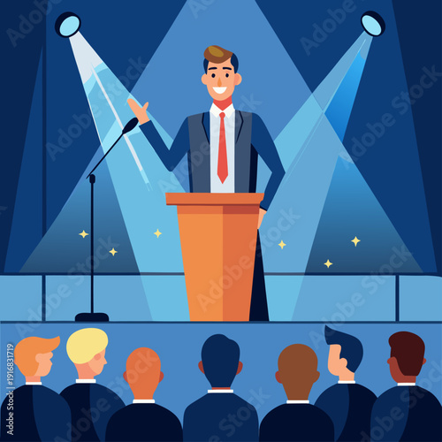 Confident Business Leader Giving Speech on Stage Vector Illustration