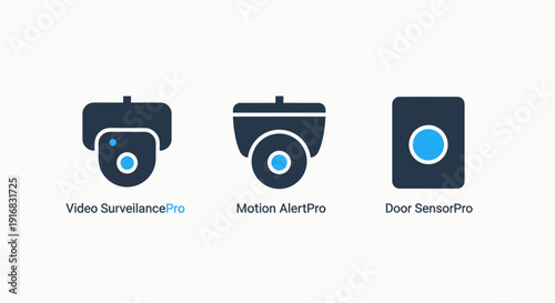 Security camera icons for video surveillance, motion alerts, and door sensors, enhancing property protection and safety.