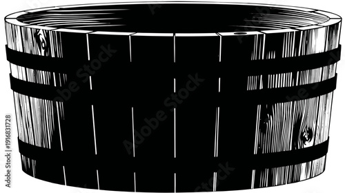 A black and white illustration of a wooden barrel with metal bands. It is empty and simple