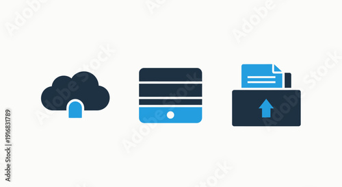 Cloud Computing and Data Transfer Icons Representing Upload, Storage, and Server Management