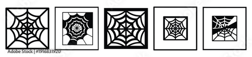 Collection of Happy Halloween spider web square silhouette icon set. Vector illustration on white background.
