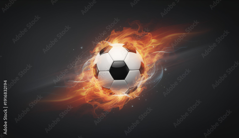 Naklejka premium A soccer ball is engulfed in vibrant orange flames against a dark background, creating a dynamic and energetic visual effect.