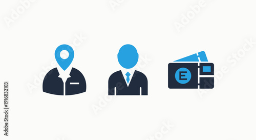 User profile and payment icons: location marker, person silhouette, and e-wallet with credit cards for identity, travel, and digital finance.