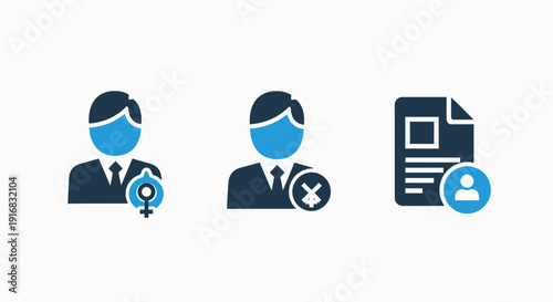 Diverse User and Account Status Icons with Female Gender, User Banned, and User Document Symbols in Clean Blue Flat Style for Digital Applications