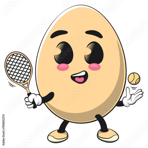 cute egg mascot character playing tennis, isolated vector illustration, work of hand drawn