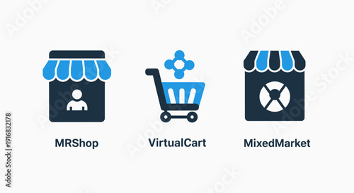 Modern E-commerce Retail Marketplace Icons: Digital Shopping Cart, Online Storefront, and Mixed Market Concepts for Business and Consumer Transactions