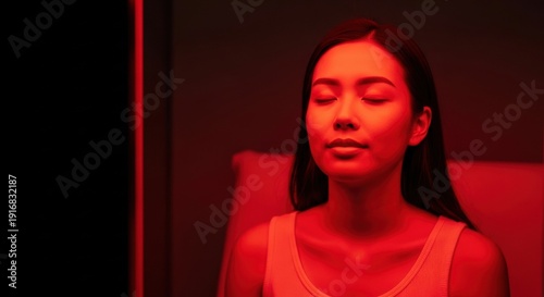 asian woman relaxing in red light therapy room enjoying calm and rejuvenation