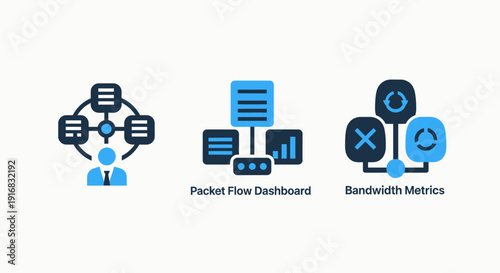 Business Data Flow and Bandwidth Metrics Analysis: Network Systems, Packet Flow Dashboards, and Performance Monitoring Icons for IT and Analytics