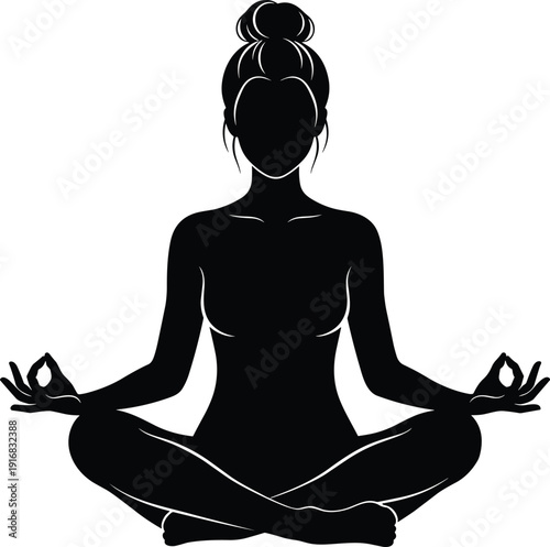 Black yoga woman silhouette vector icon, mindfulness meditation lotus pose illustration, wellness and health fitness exercise isolated on white background.
