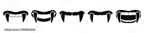 Collection of Happy Halloween vampire fangs silhouette icon set. Vector illustration on white background.