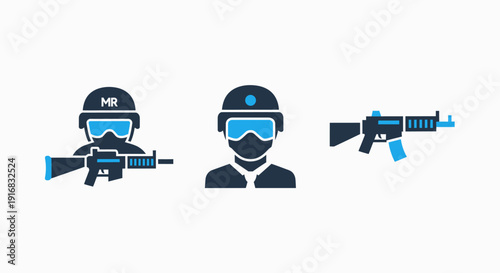 Military and Security Personnel with Rifle Icons: Flat Design Soldier Avatars and Assault Weapon Symbol for Defense or Tactical Operations