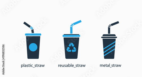 Reusable and Sustainable Drinking Straw Icons: Plastic, Metal, and Eco-Friendly Alternatives for Beverages and Environmental Consciousness
