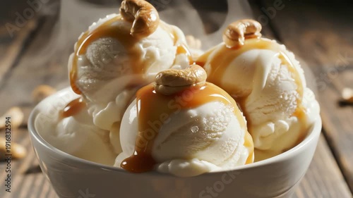 Vanilla ice cream dessert with caramel and peanuts in a bowl